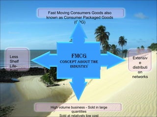 Fast Moving Consumers Goods also
known as Consumer Packaged Goods
(CPG)

Less
Shelf
LifeSold
quickly

Extensiv
e
distributi
on
networks

High volume business - Sold in large
quantities
Sold at relatively low cost

 