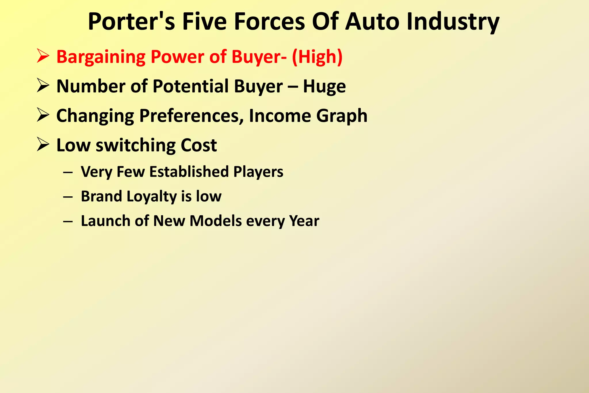  Bargaining Power of Buyer- (High)
 Number of Potential Buyer – Huge
 Changing Preferences, Income Graph
 Low switching Cost
– Very Few Established Players
– Brand Loyalty is low
– Launch of New Models every Year
Porter's Five Forces Of Auto Industry
 