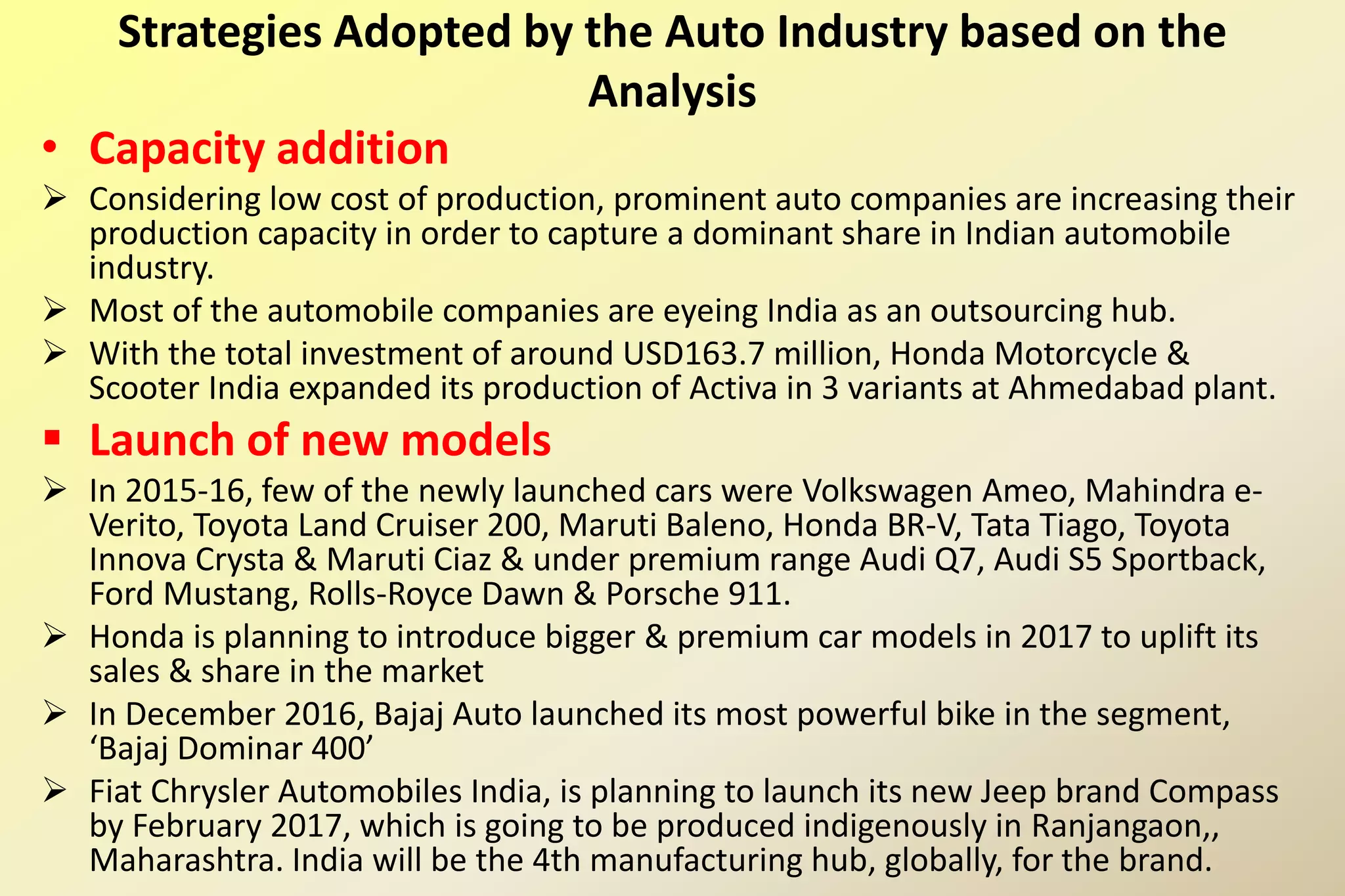 Strategies Adopted by the Auto Industry based on the
Analysis
• Capacity addition
 Considering low cost of production, prominent auto companies are increasing their
production capacity in order to capture a dominant share in Indian automobile
industry.
 Most of the automobile companies are eyeing India as an outsourcing hub.
 With the total investment of around USD163.7 million, Honda Motorcycle &
Scooter India expanded its production of Activa in 3 variants at Ahmedabad plant.
 Launch of new models
 In 2015-16, few of the newly launched cars were Volkswagen Ameo, Mahindra e-
Verito, Toyota Land Cruiser 200, Maruti Baleno, Honda BR-V, Tata Tiago, Toyota
Innova Crysta & Maruti Ciaz & under premium range Audi Q7, Audi S5 Sportback,
Ford Mustang, Rolls-Royce Dawn & Porsche 911.
 Honda is planning to introduce bigger & premium car models in 2017 to uplift its
sales & share in the market
 In December 2016, Bajaj Auto launched its most powerful bike in the segment,
‘Bajaj Dominar 400’
 Fiat Chrysler Automobiles India, is planning to launch its new Jeep brand Compass
by February 2017, which is going to be produced indigenously in Ranjangaon,,
Maharashtra. India will be the 4th manufacturing hub, globally, for the brand.
 