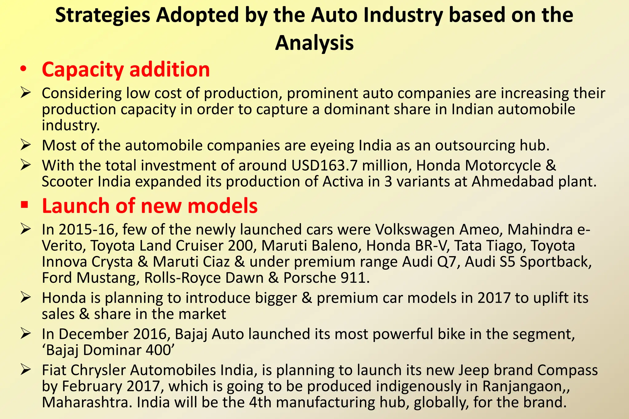 Strategies Adopted by the Auto Industry based on the
Analysis
• Capacity addition
 Considering low cost of production, prominent auto companies are increasing their
production capacity in order to capture a dominant share in Indian automobile
industry.
 Most of the automobile companies are eyeing India as an outsourcing hub.
 With the total investment of around USD163.7 million, Honda Motorcycle &
Scooter India expanded its production of Activa in 3 variants at Ahmedabad plant.
 Launch of new models
 In 2015-16, few of the newly launched cars were Volkswagen Ameo, Mahindra e-
Verito, Toyota Land Cruiser 200, Maruti Baleno, Honda BR-V, Tata Tiago, Toyota
Innova Crysta & Maruti Ciaz & under premium range Audi Q7, Audi S5 Sportback,
Ford Mustang, Rolls-Royce Dawn & Porsche 911.
 Honda is planning to introduce bigger & premium car models in 2017 to uplift its
sales & share in the market
 In December 2016, Bajaj Auto launched its most powerful bike in the segment,
‘Bajaj Dominar 400’
 Fiat Chrysler Automobiles India, is planning to launch its new Jeep brand Compass
by February 2017, which is going to be produced indigenously in Ranjangaon,,
Maharashtra. India will be the 4th manufacturing hub, globally, for the brand.
 