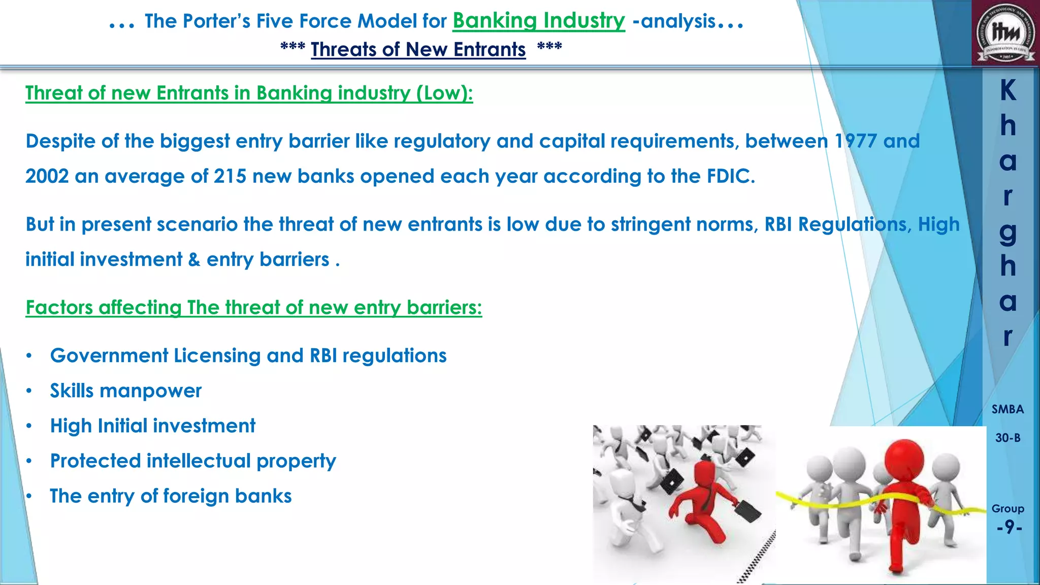 … The Porter’s Five Force Model for Banking Industry -analysis…
*** Threats of New Entrants ***

Threat of new Entrants in Banking industry (Low):
Despite of the biggest entry barrier like regulatory and capital requirements, between 1977 and
2002 an average of 215 new banks opened each year according to the FDIC.

But in present scenario the threat of new entrants is low due to stringent norms, RBI Regulations, High
initial investment & entry barriers .
Factors affecting The threat of new entry barriers:

• Government Licensing and RBI regulations
• Skills manpower
• High Initial investment

K
h
a
r
g
h
a
r
SMBA
30-B

• Protected intellectual property
• The entry of foreign banks

Group

-9-

 