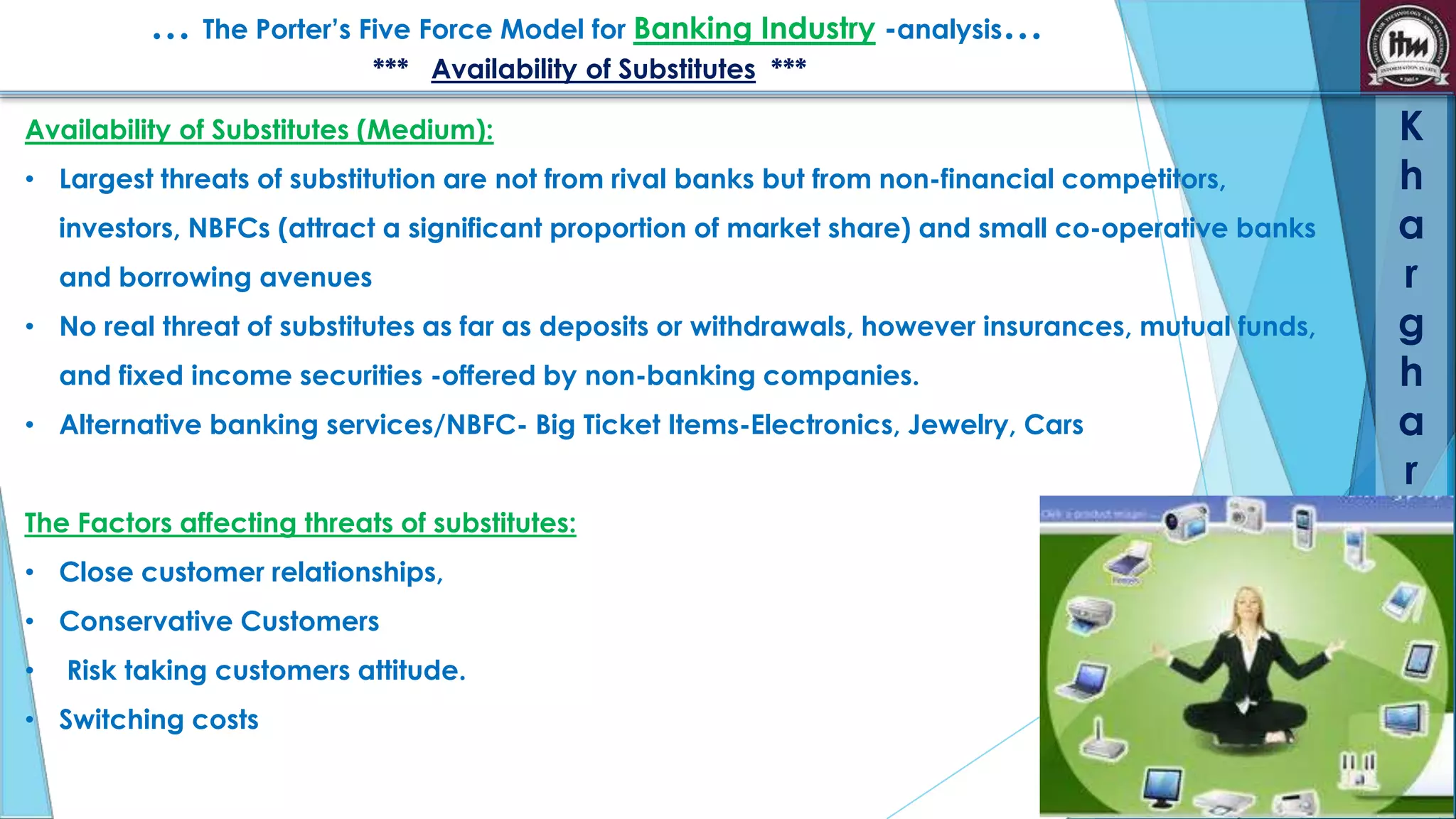 … The Porter’s Five Force Model for Banking Industry -analysis…
*** Availability of Substitutes ***
Availability of Substitutes (Medium):
• Largest threats of substitution are not from rival banks but from non-financial competitors,
investors, NBFCs (attract a significant proportion of market share) and small co-operative banks
and borrowing avenues
• No real threat of substitutes as far as deposits or withdrawals, however insurances, mutual funds,

and fixed income securities -offered by non-banking companies.
• Alternative banking services/NBFC- Big Ticket Items-Electronics, Jewelry, Cars

K
h
a
r
g
h
a
r

The Factors affecting threats of substitutes:

• Close customer relationships,
• Conservative Customers
•

SMBA
30-B

Risk taking customers attitude.

• Switching costs

Group

-9-

 