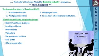 … The Porter’s Five Force Model for Banking Industry -analysis…
*** Power of Suppliers ***

The bargaining power of Suppliers (High):
1. Customer deposits.

2. Mortgages loans.

3. Mortgage securities.

4. Loans from other financial institutions.

The Factors affecting bargaining power:

•

Rise in investment avenues

•

Providers of funds

•

Interest rates

•

Valuations

•

The economic out look

•

Role of RBI

K
h
a
r
g
h
a
r

•

Offshore operation

SMBA
30-B

Group

-9-

 