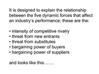 It is designed to explain the relationship
between the five dynamic forces that affect
an industry’s performance; these are the:
• intensity of competitive rivalry
• threat from new entrants
• threat from substitutes
• bargaining power of buyers
• bargaining power of suppliers
and looks like this…….

 