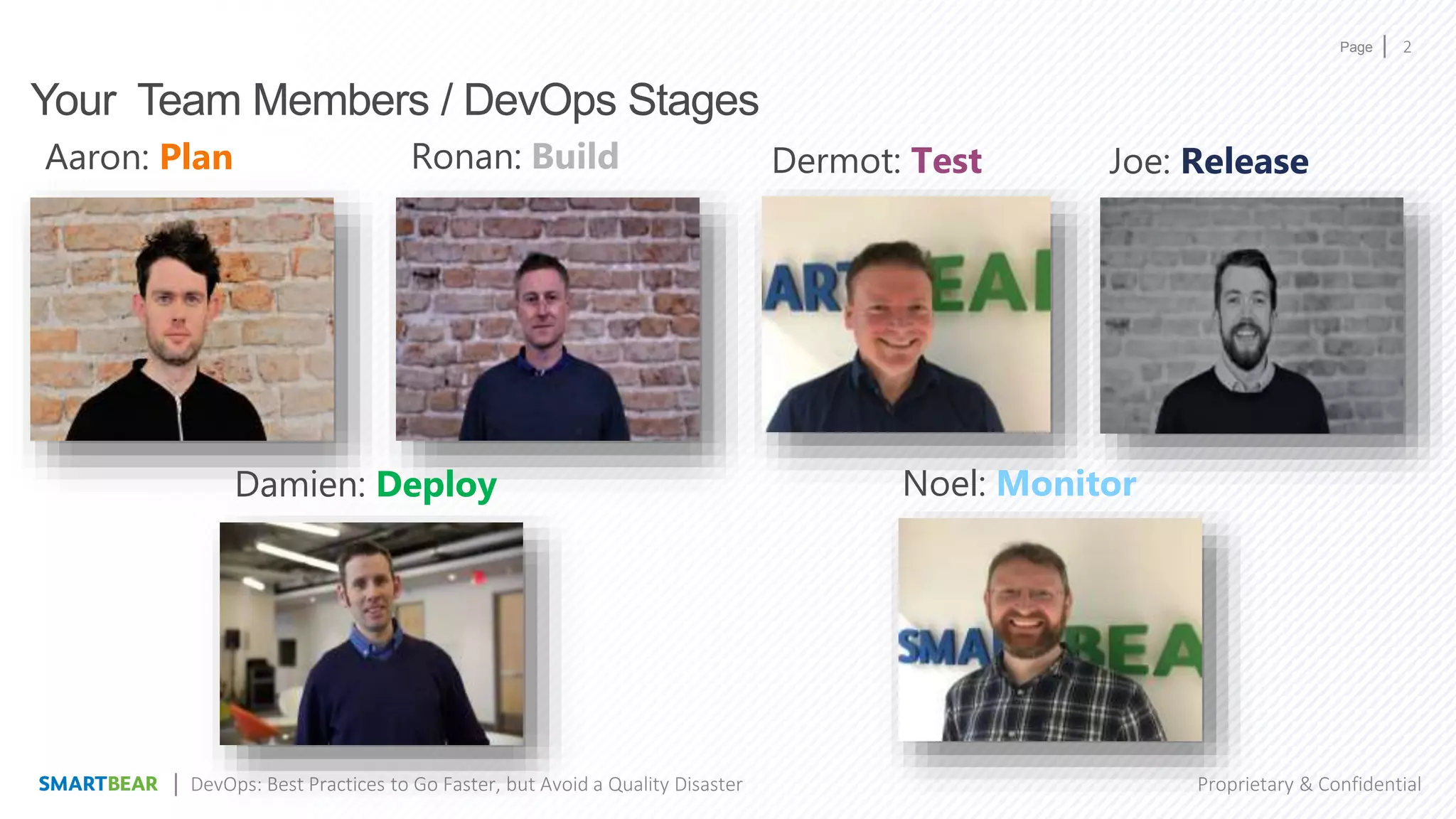 Page
Proprietary & Confidential
2
DevOps: Best Practices to Go Faster, but Avoid a Quality Disaster
Your Team Members / DevOps Stages
Aaron: Plan Ronan: Build Dermot: Test Joe: Release
Damien: Deploy Noel: Monitor
 