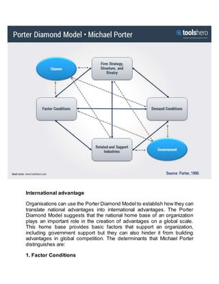 International advantage
Organisations can use the Porter Diamond Model to establish how they can
translate national advantages into international advantages. The Porter
Diamond Model suggests that the national home base of an organization
plays an important role in the creation of advantages on a global scale.
This home base provides basic factors that support an organization,
including government support but they can also hinder it from building
advantages in global competition. The determinants that Michael Porter
distinguishes are:
1. Factor Conditions
 