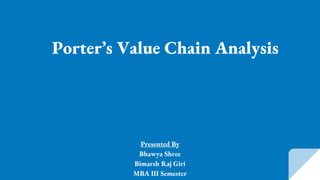 Porter’s Value Chain Analysis
Presented By
Bhawya Shree
Bimarsh Raj Giri
MBA III Semester
 