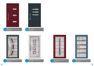 ALU
—
KD 1103
ORNA C

Sans cadre
Chinchilla blanc
Béquille int. / Poignée de tirage ext. 600 mm
En feuillure
RAL 3005

ALU
—
KD 862
ORNA C

DÉCOR	
VITRAGE	
Poignée	
POSE	
Couleur	

Cadre inox extérieur
Chinchilla blanc
Béquille int. / Poignée de tirage ext. 600 mm
En applique
RAL 7016

ALU
—
RO 6243

30

DÉCOR	
VITRAGE	
Poignée	
POSE	
Couleur	

VITRAGE	
Poignée	
POSE	
Couleur	

Double vitrage mat avec motifs
Béquille int. / Poignée de tirage ext. 600 mm
En feuillure
RAL 7012

ALU
—
RO 6274

VITRAGE	
Poignée	
POSE	
Couleur	

Double vitrage mat avec motifs
Béquille int. / Poignée de tirage ext. 600 mm
En feuillure
RAL 9016

ALU
—
RO 6286

VITRAGE	
Poignée	
POSE	
Couleur	

Double vitrage mat avec motifs
Béquille int. / Poignée de tirage ext. 600 mm
En feuillure
RAL 3004

ALU
—
RO 6289

VITRAGE	
Poignée	
POSE	
Couleur	

Double vitrage mat avec motifs
Béquille int. / Poignée de tirage ext. 600 mm
En feuillure
RAL 5014

31

 