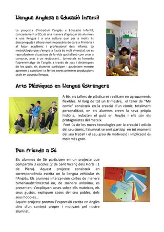 Llengua Anglesa a Educació Infantil
La proposta d’introduir l’anglès a Educació Infantil,
concretament a EI5, és una manera d’apropar als alumnes
a una llengua i a una cultura que per a molts és
desconeguda i alhora molt necessària de cara a Primària i
al futur acadèmic i professional dels infants. La
metodologia que s’empra a l’aula és molt vivencial, on es
reprodueixen situacions de la vida quotidiana com anar a
comprar, anar a un restaurant... tanmateix es fomenta
l’aprenentatge de l’anglès a través de jocs i dinàmiques
de les quals els alumnes participen i gaudeixen mentre
aprenen a conviure i a fer les seves primeres produccions
orals en aquesta llengua.
Arts Plàstiques en Llengua Estrangera
A 6è, els tallers de plàstica es realitzen en agrupaments
flexibles. Al llarg de tot un trimestre, el taller de “My
comic” consisteix en la creació d’un còmic, totalment
personalitzat, on els alumnes creen la seva pròpia
història, redacten el guió en Anglès i ells són els
protagonistes del mateix.
Fent ús de les noves tecnologies per la creació i edició
del seu còmic, l’alumnat se sent partícip en tot moment
del seu treball i el seu grau de motivació i implicació és
molt més gran.
Pen friends a 5è
Els alumnes de 5è participen en un projecte que
compartim 3 escoles (2 de Sant Vicenç dels Horts i 1
de Piera). Aquest projecte consisteix en
correspondència escrita on la llengua vehicular és
l’Anglès. Els alumnes intercanvien cartes de manera
bimensual/trimestral on, de manera anònima, es
presenten, s’expliquen coses sobre ells mateixos, els
seus gustos, expliquen coses del seu pobles, dels
seus hobbies...
Aquest projecte promou l’expressió escrita en Anglès
dins d’un context proper i motivant pel nostre
alumnat.
 