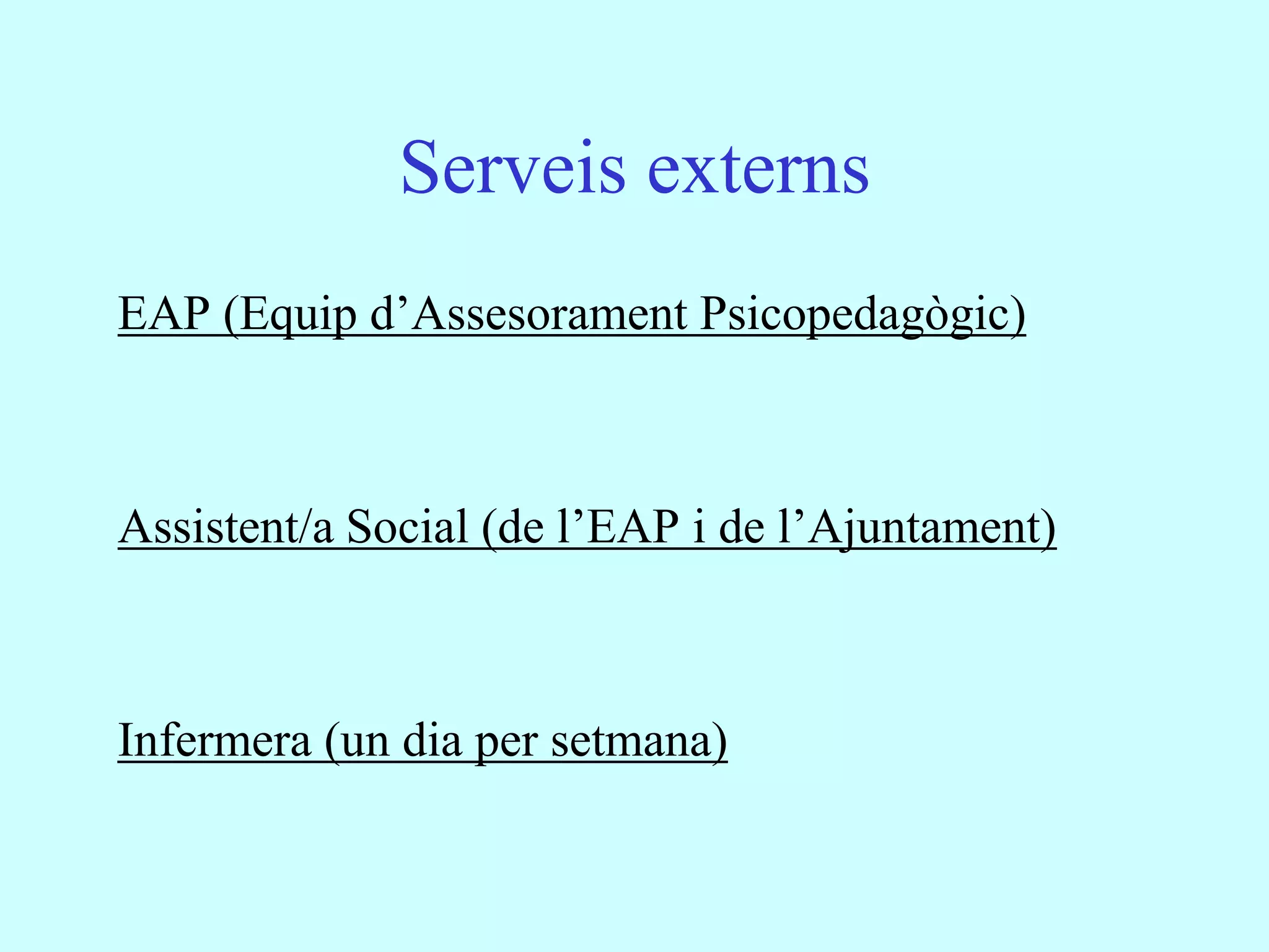 Serveis externs
EAP (Equip d’Assesorament Psicopedagògic)



Assistent/a Social (de l’EAP i de l’Ajuntament)



Infermera (un dia per setmana)
 