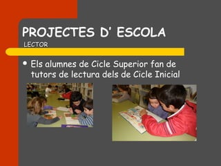 PROJECTES D’ ESCOLA
LECTOR


 Elsalumnes de Cicle Superior fan de
  tutors de lectura dels de Cicle Inicial
 