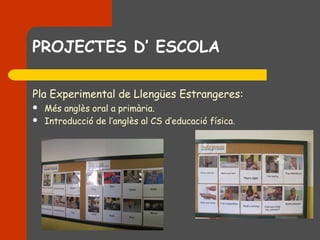 PROJECTES D’ ESCOLA

Pla Experimental de Llengües Estrangeres:
   Més anglès oral a primària.
   Introducció de l’anglès al CS d’educació física.
 