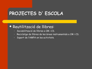 PROJECTES D’ ESCOLA

 Reutilització         de llibres:
  –   Sociabilització de llibres a CM i CS.
  –   Reciclatge de llibres de les àrees instrumentals a CM i CS.
  –   Suport de l’AMPA en les activitats.
 