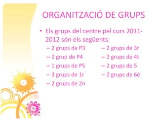 ORGANITZACIÓ DE GRUPS
• Els grups del centre pel curs 2011-
  2012 són els següents:
  – 2 grups de P3     – 2 grups de 3r
  – 2 grup de P4      – 2 grups de 4t
  – 1 grups de P5     – 2 grups de 5
  – 3 grups de 1r     – 2 grups de 6è
  – 2 grups de 2n
 