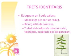 TRETS IDENTITARIS
• Eduquem en i pels valors.
  – Modelatge per part de l’adult.
  – Reforç actituds positives.
  – Treball dels valors de cohesió social,
    tolerància, integració des del parvulari.
 