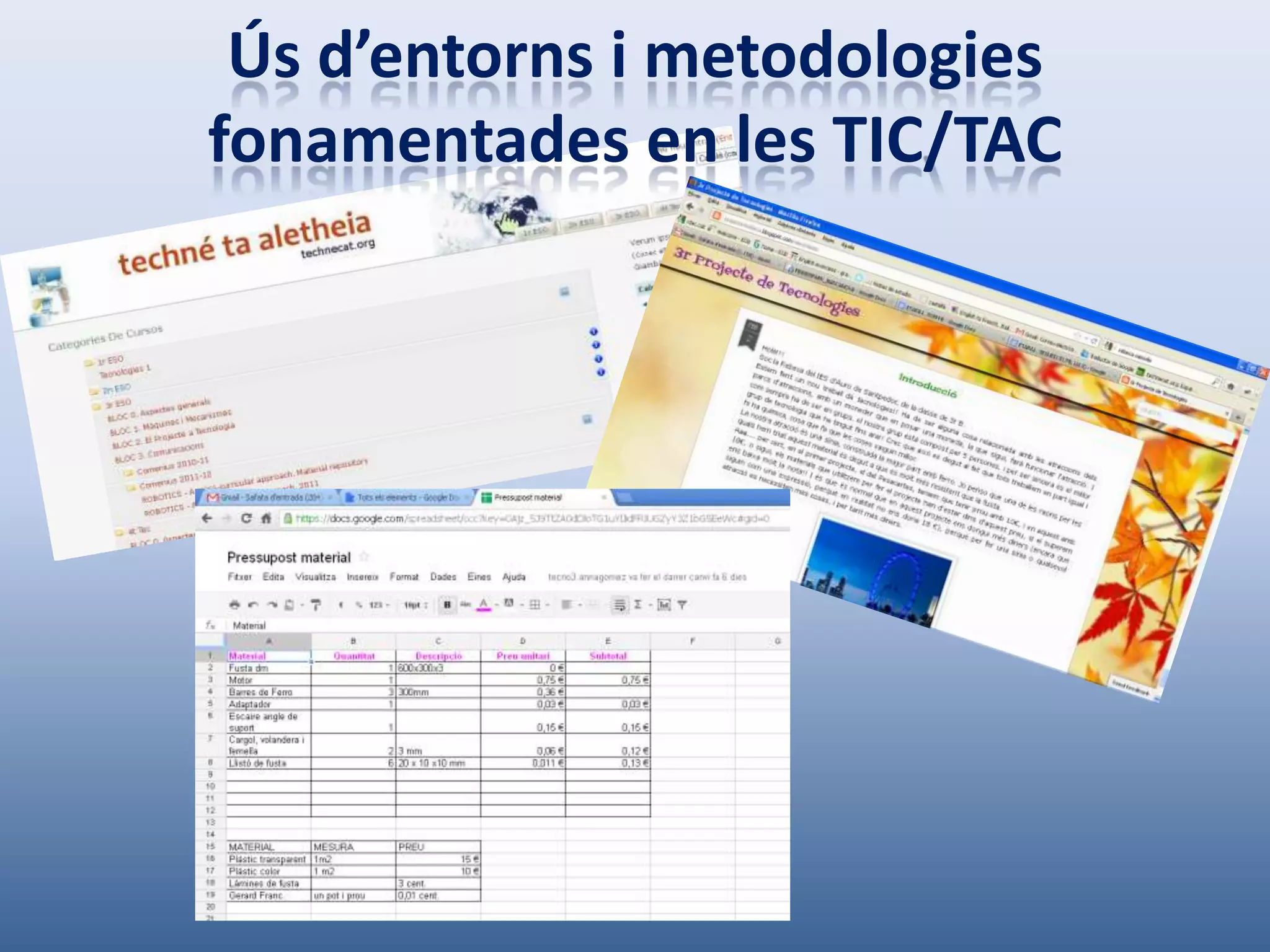 Ús d’entorns i metodologies
fonamentades en les TIC/TAC
 