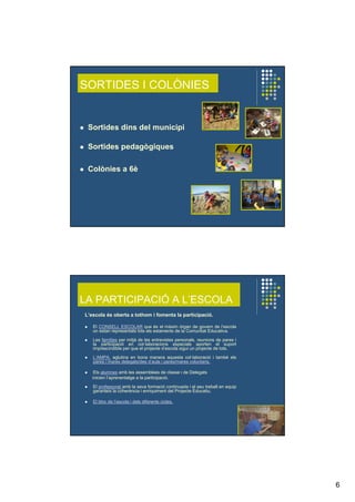 6
SORTIDES I COLÒNIES
Sortides dins del municipi
Sortides pedagògiques
Colònies a 6è
LA PARTICIPACIÓ A L’ESCOLA
L’escola és oberta a tothom i fomenta la participació.
El CONSELL ESCOLAR que és el màxim órgan de govern de l’escola
on estan representats tots els estaments de la Comunitat Educativa.
Les famílies per mitjà de les entrevistes personals, reunions de pares i
la participació en col·laboracions especials aporten el suport
imprescindible per que el projecte d’escola sigui un projecte de tots.
L’AMPA, aglutina en bona manera aquesta col·laboració i també els
pares i mares delegats/des d’aula i pares/mares voluntaris.
Els alumnes amb les assemblees de classe i de Delegats
inicien l’aprenentatge a la participació.
El professorat amb la seva formació continuada i el seu treball en equip
garanteix la coherència i enriquiment del Projecte Educatiu.
El bloc de l’escola i dels diferents cicles.
 