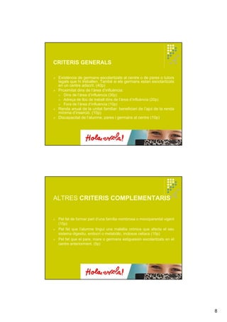 8
CRITERIS GENERALS
Existència de germans escolaritzats al centre o de pares o tutors
legals que hi treballen. També si els germans estan escolaritzats
en un centre adscrit. (40p)
Proximitat dins de l’àrea d’influència:
Dins de l’àrea d’influència (30p)
Adreça de lloc de treball dins de l’àrea d’influència (20p)
Fora de l’àrea d’influència (10p)
Renda anual de la unitat familiar: beneficiari de l’ajut de la renda
mínima d’inserció. (10p)
Discapacitat de l’alumne, pares i germans al centre (10p)
ALTRES CRITERIS COMPLEMENTARIS
Pel fet de formar part d’una família nombrosa o monoparental vigent
(15p)
Pel fet que l’alumne tingui una malaltia crònica que afecta el seu
sistema digestiu, endocrí o metabòlic, inclosos celíacs (10p)
Pel fet que el pare, mare o germans estiguessin escolaritzats en el
centre anteriorment. (5p)
 