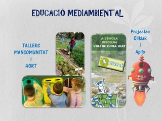 EDUCACIÓ MEDIAMBIENTAL
TALLERS
MANCOMUNITAT
i
HORT
Projectes
Oliklak
i
Apilo
 