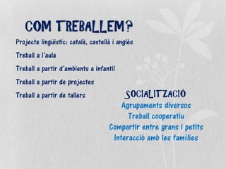 COM TREBALLEM?
Projecte lingüistic: català, castellà i anglès
Treball a l’aula
Treball a partir d’ambients a infantil
Treball a partir de projectes
Treball a partir de tallers SOCIALITZACIÓ
Agrupaments diversos
Treball cooperatiu
Compartir entre grans i petits
Interacció amb les famílies
 