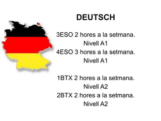 DEUTSCH
3ESO 2 hores a la setmana.
Nivell A1
4ESO 3 hores a la setmana.
Nivell A1
1BTX 2 hores a la setmana.
Nivell A2
2BTX 2 hores a la setmana.
Nivell A2
 