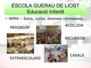 ESCOLA GUERAU DE LIOST
Educació Infantil
• AMPA – Socis, Junta, diverses comissions…
MENJADOR
EXTRAESCOLARS
RECURSOS
CASALS
ACOLLIDA
 