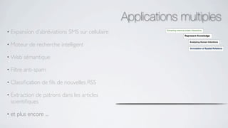 Applications multiples
• Expansion    d’abréviations SMS sur cellulaire

• Moteur     de recherche intelligent

• Web      sémantique

• Filtre   anti-spam

• Classiﬁcation   de ﬁls de nouvelles RSS

• Extraction de patrons dans les articles
  scientiﬁques

• et   plus encore ...
 