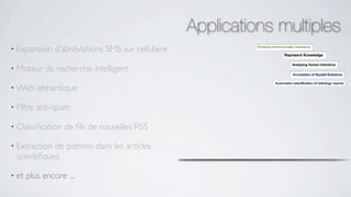 Applications multiples
• Expansion    d’abréviations SMS sur cellulaire

• Moteur     de recherche intelligent

• Web      sémantique

• Filtre   anti-spam

• Classiﬁcation   de ﬁls de nouvelles RSS

• Extraction de patrons dans les articles
  scientiﬁques

• et   plus encore ...
 