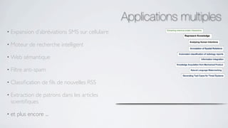 Applications multiples
• Expansion    d’abréviations SMS sur cellulaire

• Moteur     de recherche intelligent

• Web      sémantique

• Filtre   anti-spam

• Classiﬁcation   de ﬁls de nouvelles RSS

• Extraction de patrons dans les articles
  scientiﬁques

• et   plus encore ...
 