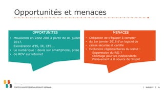 JANVIER 2017 16
Opportunités et menaces
18/05/2017PORTES OUVERTES MOUILLERON-ST-GERMAIN
OPPORTUNITES
• Mouilleron en Zone ZRR à partir de 01 juillet
2017.
Exonération d’IS, IR, CFE….
• Le numérique : devis sur smartphone, prise
• de RDV sur internet
MENACES
• Obligation de s’équiper à compter
• du 1er janvier 2018 d’un logiciel de
• caisse sécurisé et certifié
• Evolutions règlementaires du statut :
Suppression du RSI ?
Chômage pour les indépendants
Prélèvement à la source de l’impôt
 