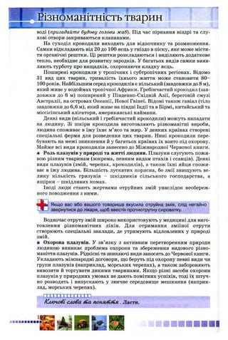 воді (пригадайте будову голови жаб). Під час пірнання ніздрі та слу­
хові отвори закриваються клапанами.
На суходіл крокодили виходять для відпочинку та розмноження.
Самки відкладають від 20 до 100 яєць у гніздо в піску, яке може місти­
ти органічні рештки. Ці рештки розкладаються і виділяють додаткове
тепло, необхідне для розвитку зародків. У багатьох видів самки вияв­
ляють турботу про нащадків, охороняючи кладку яєць.
Поширені крокодили у тропічних і субтропічних регіонах. Відомо
31 вид цих тварин, тривалість їхнього життя може становити 8 0-
100 років. Найбільшим серед крокодилів є нільський (завдовжки до 8 м),
який живе у водоймах тропічної Африки. Гребінчастий крокодил (зав­
довжки до 6 м) поширений у Південно-Східній Азії, береговій смузі
Австралії, на островах Океанії, Нової Гвінеї. Відомі також гавіал (тіло
завдовжки до 6,6 м), який живе на півдні Індії та в Бірмі, китайський та
міссісіпський алігатори, американські каймани.
Деякі види (нільський і гребінчастий крокодили) можуть нападати
на людину. Зі шкіри крокодила виготовляють різноманітні вироби,
людина споживає в їжу їхнє м’ясо та жир. У деяких країнах створені
спеціальні ферми для розведення цих тварин. Нині крокодили пере­
бувають на межі зникнення й у багатьох країнах їх взято під охорону.
Майже всі види крокодилів занесено до Міжнародної Червоної книги.
■ Роль плазунів у природі та житті людини. Плазуни слугують пожи­
вою різним тваринам (зокрема, певним видам птахів і ссавців). Деякі
види плазунів (змій, черепах, крокодилів), а також їхні яйця спожи­
ває в їжу людина. Більшість лускатих корисна, бо змії знищують ве­
лику кількість гризунів - шкідників сільського господарства, а
ящірки - шкідливих комах.
Іноді люди стають жертвами отруйних змій унаслідок необереж­
ного поводження з ними.
«
Якщо вас або вашого товариша вкусила отруйна змія, слід негайно
звернутися до лікаря, щоб ввести протиотрутну сироватку.
Водночас отруту змій широко використовують у медицині для виго­
товлення різноманітних ліків. Для отримання зміїної отрути
створюють спеціальні заклади, де утримують відловлених у природі
змій.
■ Охорона плазунів. У зв’язку з активним перетворенням природи
людиною виникає проблема охорони та збереження видового різно­
маніття плазунів. Рідкісні та зникаючі види заносять до Червоної книги.
Укладають міжнародні договори, що беруть під охорону певні види чи
групи плазунів (наприклад, морських черепах), а також забороняють
вивозити й торгувати дикими тваринами. Якщо різні засоби охорони
плазунів у природних умовах не дають помітних успіхів, тоді їх штуч­
но розводять і випускають у звичне середовище мешкання (наприк­
лад, морських черепах).
пггхтттгттгтдх]
/Слючсвісловаfna поняйійіа . Ласти.
 