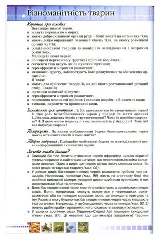 J J _ JL t2 & .
Kofioriiico nfio головне
Багатощетинкові черви:
■ живуть переважно в морях;
я мають добре розвинені органи руху - бічні лопаті на сегментах тіла;
■ мають добре виражений головний кінець тіла, на якому розміщені
органи чуттів;
■ роздільностатеві тварини із зовнішнім заплідненням і непрямим
розвитком.
Малощетинкові черви:
а поширені переважно у ґрунтах і прісних водоймах;
■ сегменти тіла несуть лише пучечки щетинок;
■ гермафродити з прямим розвитком;
■ мешканці ґрунту, забезпечують його розпушення та збагачення ор­
ганікою.
П’явки:
■ мають два присоски: передній, на дні якого розташований ротовий
отвір, і задній;
■ щетинки зазвичай відсутні;
■ гермафродити з прямим розвитком;
■ переважно мешканці прісних і солоних водойм, є й наземні види;
■ хижаки, паразити та кровосисні види.
Запитання для ісонін/голю . 1. Як пересуваються багатощетинкові черви?
2. Яка роль багатощетинкових червів у природі та житті людини?
3. Яка роль дощових червів у ґрунтоутворенні? Чому їх потрібно охороня­
ти? 4. З якою метою медичну п’явку застосовують у медицині? Чому цей
вид потребує охорони?
Jlouiifiictjutfie. За якими особливостями будови багатощетинкових червів
можна встановити спосіб їхнього життя?
m o fin e завдання. Порівняйте особливості будови та життєдіяльності пер-
виннопорожнинних і кільчастих червів.
JConetne значна біл ьш е?
■ Спинний бік тіла багатощетинкових червів афродітид щільно вкритий
густим покривом із найтонших щетинок, що переливаються всіма кольо­
рами веселки. Один з видів цих червів дістав назву морська миша, бо
зовні дещо нагадує цю тварину (мал. 95).
■ У деяких видів багатощетинкових червів розвинена турбота про на­
щадків. Наприклад, поліоніди (мал. 96) мають на спинному боці тіла
особливі виводкові камери, утворені дископодібними лусочками, в них
розвиваються яйця та личинки.
■ Деякі багатощетинкові черви постійно співіснують з організмами інших
видів. Вони, наприклад, можуть оселятися у черепашках раків-
самітників або на поверхні морських зірок, де знаходять притулок та
їжу. Разом з тим у будиночках багатощетинкових червів часто мешкають
інші організми. Наприклад, у трубках донного черва хетоптера (мал. 92, 3)
живуть дрібні краби-горошинки, які споживають залишки їжі хазяїна.
■ У вологих тропічних лісах Південно-Східної Азії поширені суходольні
п’явки (мал. 97). Ці невеликі (до сантиметра завдовжки) тварини
Різноманітність тварин
 