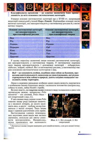 Класифікувати організми — це означає визначити їхню прина­
лежність до всіх основних систематичних категорій.
Уперше основні систематичні категорії ще у XVIII ст. запровадив
видатний шведський учений Карл Лінней. Порівняймо основні систе­
матичні категорії, які використовують у систематиці рослин й у систе­
матиці тварин.
Основні систематичні категорії,
які використовують
при класифікації рослин
Вид
Рід
Родина
Порядок
Клас
Відділ
Царство
Основні систематичні категорії,
які використовують
при класифікації тварин
У цьому переліку зазначені лише основні систематичні категорії,
які використовують у систематиці тварин. У систематиці окремих
груп тварин використовують і допоміжні категорії - підцарство,
надклас, підряд, надвид. Як і в систематиці рослин, у систематиці тва­
рин основною систематичною категорією є вид.
Вид —це сукупність особин, подібних між собою за будовою, про­
цесами життєдіяльності, вимогами до умов існування, які вільно
схрещуються між собою в природі, дають плідних нащадків і на­
селяють певну територію.
Лише в окремих випадках особини одних видів можуть паруватися
з особинами інших близьких видів і залишати потомство (наприклад,
собака та вовк, зайці білий і сірий).
Ви вже знаєте, що наукова назва кожного виду складалася з двох слів
латинською мовою, наприклад Felis
silvestris* - кіт лісовий, Felis chaus -
кіт очеретяний (мал. 5 ).
У цих назвах виду перше слово Felis
означає назву роду (завжди пишеть­
ся з великої літери), до якого нале­
жить вид, а друге - видову назву (пи­
шеться з малої літери). Така назва
виду є єдиною для вчених усіх країн.
Застосування єдиних міжнарод­
них наукових назв видів має велике
значення, оскільки дає змогу уник­
нути непорозумінь. Наприклад, Мал. 5. 1. Кіт лісовий. 2. Кіт
жука травневого ще називають очеретяний
* Латинські назви тварин наведено для ознайомлення, а не для запам’ятову­
вання.
9
і
 