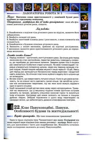 .« ЛАБОРАТОРНА РОБОТА № 5
Л їем .а: Вивчення ознак пристосованості у зовнішній будові рако­
подібних до середовища мешкання
О бладнання, ліаніе^иали (на о б єю йи дослідж ення.: живі або фік­
совані довгопалі річкові раки, пінцети.
Х ід fio6otfiu :
1. Ознайомтеся з поділом тіла річкового рака на відділи, зазначте його
забарвлення.
2. Знайдіть складні очі рака.
3. Знайдіть хвостовий плавець рака і розгляньте, з яких елементів він
складається.
4. Ознайомтеся з будовою кінцівок річкового рака.
5. Запишіть у зошит висновки, зроблені на підставі дослідження.
У висновках зазначте риси пристосованості річкового рака до середо­
вища мешкання.
Х очегііе знаній біл ьш е?
а Період линяння - критичний у житті річкового рака. За кілька днів перед
линянням він стає неспокійним, перестає живитись і знаходить схован­
ку, де перебуває до закінчення линяння. Завдяки рухам тіла й кінцівок
рак намагається позбутися старої кутикули. На межі головогрудей і че­
ревця утворюється поперечна щілина, через яку тварина залишає ста­
рий покрив. Новий покрив набуває міцності лише через 8-10 діб. Увесь
цей період рак залишається беззахисним перед ворогами і нездатний
навіть живитись, бо хітинові пластинки жуйного відділу його шлунка ще
не затверділи.
■ Ви вже знаєте, що омари мають потужні клешні. Коли ж цих раків вилов­
люють, їм на клешні часто одягають гумові кільця. Це запобігає сутич­
кам між виловленими тваринами, під час яких вони можуть відірвати
один в одного кінцівки,
ш Краб пальмовий злодій дістав свою назву через непорозуміння. Трива­
лий час вважалося, що ці мешканці піщаних пляжів тропічних островів
залазять на пальми, зрізають клешнями кокосові горіхи та живляться
їхнім м’якушем. Насправді цей хижак залазить на пальми в пошуках
дрібних тварин. Зяброві порожнини в цього виду перетворені на
своєрідні легені, що забезпечують дихання атмосферним повітрям.
22. Клас Павукоподбні. Павуки.
Особливості будови та життєдіяльності
Ка/игіо n fiu ia ga ttiu . Щ о таке позакишкове травлення?
Один із трьох підтипів типу Членистоногі має назву Хеліцерові від
назви першої пари кінцівок (так званих ротових) - хеліцер. Вони слугу­
ють для захоплення і часто для подрібнення їжі. Більшість сучасних
видів хеліцерових належить до класу Павукоподібні.
99
 