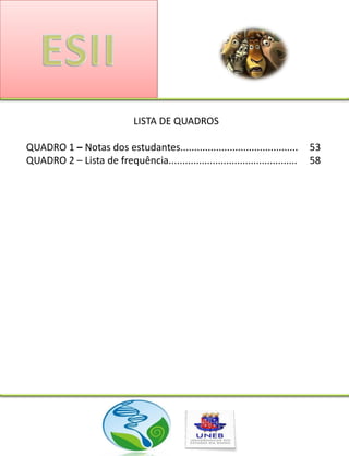 LISTA DE QUADROS

QUADRO 1 – Notas dos estudantes...........................................      53
QUADRO 2 – Lista de frequência...............................................   58
 