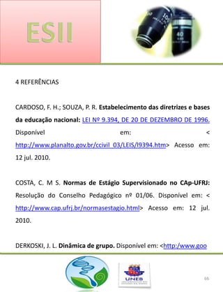 4 REFERÊNCIAS


CARDOSO, F. H.; SOUZA, P. R. Estabelecimento das diretrizes e bases
da educação nacional: LEI Nº 9.394, DE 20 DE DEZEMBRO DE 1996.
Disponível                          em:                          <
http://www.planalto.gov.br/ccivil_03/LEIS/l9394.htm> Acesso em:
12 jul. 2010.


COSTA, C. M S. Normas de Estágio Supervisionado no CAp-UFRJ:
Resolução do Conselho Pedagógico nº 01/06. Disponível em: <
http://www.cap.ufrj.br/normasestagio.html> Acesso em: 12 jul.
2010.


DERKOSKI, J. L. Dinâmica de grupo. Disponível em: <http:/www.goo



                                                                 66
 