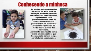 Conhecendo a minhoca
As minhocas foram trazidas
para sala de aula, onde as
crianças puderam observá-
las e tocá-las. Enquanto isso,
a professora fazia
questionamentos onde os
alunos eram levados a
pensar sobre os problemas
propostos e relativos ao
modo de ser e viver das
minhocas.
Ao final foi construído com a
turma um minhocário, que
ficou na sala por um tempo
para futuras observações.
 