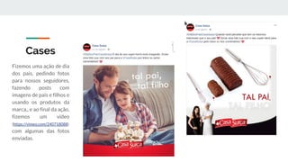 Cases
Fizemos uma ação de dia
dos pais, pedindo fotos
para nossos seguidores,
fazendo posts com
imagens de pais e filhos e
usando os produtos da
marca,, e ao final da ação,
fizemos um vídeo
(https://vimeo.com/240718088)
com algumas das fotos
enviadas.
 