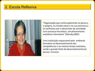 2. Escola Reflexiva



                      “Organização que continuadamente se pensa a
                      si própria, na missão social e na sua estrutura e
                      se confronta com o desenrolar da actividade
                      num processo heurístico, simultaneamente
                      avaliativo e formativo” (Alarcão,2001)

                      Uma instituição responsável pelo ambiente
                      formativo no desenvolvimento das
                      competências e ao mesmo tempo avaliativo,
                      sendo a grande fonte do desenvolvimento da
                      pessoa humana.
 