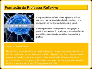 Formação do Professor Reflexivo

                            A capacidade de refletir sobre a própria prática
                            docente, manifestando habilidade em lidar com
                            obstáculos no contexto educacional e social.
   Segundo Zeichner:
                            Ao compreender a competência pedagógica e
                            profissional técnica do professor, a atitude reflexiva
                            possibilita a construção do saber e consolida a
                            prática.



Segundo Donald Schön :

Diante aos novos desafios na pratica docente , surge novas concepções de
decidir e de intervir nas ações educativas. Apoiado em suas próprias ações
com objetivo de entender e interpretar a realidade desenvolvendo a
pratica humana . Onde o profissional possa ser formado para os desafios
diários e estimulado a uma formação continuada.
 