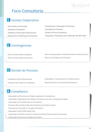 Foco Consultoria
04
Gestão Corporativa11
Plano Diretor de Informática
Diagnóstico Empresarial
Avaliação e Estruturação Organizacional
Mapeamento e Identificação de Processos
Reengenharia e Adequação de Processos
Automação de Processos
Gestão de Riscos Corporativos
Adequação e Preparação para Certificação ISO 9001:2000
Contingências22
Plano de Continuidade do Negócio
Plano de Continuidade Operacional
Plano de Recuperação de Desastres (Disaster Recovery Plan)
Plano de Contingência de Informática
Avaliação de Clima Organizacional
Programas de Excelência e Qualidade
Implantação e Treinamento em Controles Internos
Desenvolvimento de Treinamentos Específicos
Gestão de Pessoas33
Compliance44
Adequação aos Normativos de Órgãos reguladores e fiscalizadores
Implantação e Manutenção de Cadastro de Clientes (com todo o embasamento legal)
Implantação de Controles Internos (Compliance)
Revisão e Manutenção do Manual do Sistema de Controles Internos
Processos de Prevenção à "Lavagem de Dinheiro”
Adequação à SOX (COSO Seção 404)
Implantação de Política, Estrutura e Gestão dos Riscos Operacionais dos Processos
Implantação de Estrutura e Gestão de Ouvidoria
 