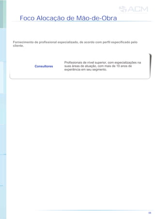 Foco Alocação de Mão-de-Obra
06
Fornecimento de profissional especializado, de acordo com perfil especificado pelo
cliente.
Profissionais de nível superior, com especializações na
suas áreas de atuação, com mais de 10 anos de
experiência em seu segmento.
Consultores
 