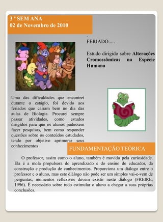3 ª SEM ANA
02 de Novembro de 2010
                                         .
                                         FERIADO.....

                                         Estudo dirigido sobre Alterações
                                         Cromossômicas na Espécie
                                         Humana




Uma das dificuldades que encontrei
durante o estágio, foi devido aos
feriados que caíram bem no dia das
aulas de Biologia. Procurei sempre
passar atividades, como estudos
dirigidos para que os alunos pudessem
fazer pesquisas, bem como responder
questões sobre os conteúdos estudados,
tendo por objetivo aprimorar seus
conhecimentos
                              FUNDAMENTAÇÃO TEÓRICA
     O professor, assim como o aluno, também é movido pela curiosidade.
 Ela é a mola propulsora do aprendizado e do ensino do educador, da
 construção e produção de conhecimentos. Proporciona um diálogo entre o
 professor e o aluno, mas este diálogo não pode ser um simples vai-e-vem de
 perguntas, momentos reflexivos devem existir neste diálogo (FREIRE,
 1996). É necessário sobre tudo estimular o aluno a chegar a suas próprias
 conclusões.
 