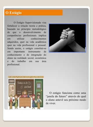 O Estágio

        O Estágio Supervisionado visa
 fortalecer a relação teoria e prática,
 baseado no princípio metodológico
 de que o desenvolvimento de
 competências profissionais implica
 em        utilizar     conhecimentos
 adquiridos, quer na vida acadêmica
 quer na vida profissional e pessoal.
 Sendo assim, o estágio constitui-se
 em importante instrumento de
 conhecimento e de integração do
 aluno na realidade social, econômica
 e do trabalho em sua área
 profissional.




                                         O estágio funciona como uma
                                      “janela do futuro” através do qual
                                      o aluno antevê seu próximo modo
                                      de viver.
 
