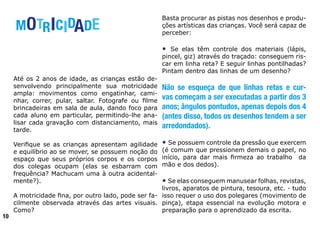 MOTRICIDADE
Até os 2 anos de idade, as crianças estão de-
senvolvendo principalmente sua motricidade
ampla: movimentos como engatinhar, cami-
nhar, correr, pular, saltar. Fotografe ou filme
brincadeiras em sala de aula, dando foco para
cada aluno em particular, permitindo-lhe ana-
lisar cada gravação com distanciamento, mais
tarde.
Verifique se as crianças apresentam agilidade
e equilíbrio ao se mover, se possuem noção do
espaço que seus próprios corpos e os corpos
dos colegas ocupam (elas se esbarram com
frequência? Machucam uma à outra acidental-
mente?).
A motricidade fina, por outro lado, pode ser fa-
cilmente observada através das artes visuais.
Como?
Basta procurar as pistas nos desenhos e produ-
ções artísticas das crianças. Você será capaz de
perceber:
• Se elas têm controle dos materiais (lápis,
pincel, giz) através do traçado: conseguem ris-
car em linha reta? E seguir linhas pontilhadas?
Pintam dentro das linhas de um desenho?
Não se esqueça de que linhas retas e cur-
vas começam a ser executadas a partir dos 3
anos; ângulos pontudos, apenas depois dos 4
(antes disso, todos os desenhos tendem a ser
arredondados).
• Se possuem controle da pressão que exercem
(é comum que pressionem demais o papel, no
início, para dar mais firmeza ao trabalho da
mão e dos dedos).
• Se elas conseguem manusear folhas, revistas,
livros, aparatos de pintura, tesoura, etc. - tudo
isso requer o uso dos polegares (movimento de
pinça), etapa essencial na evolução motora e
preparação para o aprendizado da escrita.
10
 