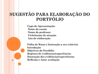 SUGESTÃO PARA ELABORAÇÃO DO
PORTFÓLIO
Capa de Apresentação:
Nome da escola
Nome do professor
Ciclo/turma de atuação
Ano de elaboração
Folha de Rosto ( ilustração a seu critério)
Introdução
Objetivos do Portfólio
Registro de evidências/experiências
Ilustração das evidências/experiências
Reflexão e Auto- avaliação
 