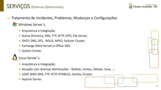 4
SERVIÇOS (Sistemas Operacionais)
― Tratamento de Incidentes, Problemas, Mudanças e Configurações:
▪ Windows Server´s:
▪ Arquitetura e Integração;
▪ Active Directory, DNS, FTP, SFTP, GPO, File Server;
▪ DHCP, DNS, DFS, WSUS, MPIO, Failover Cluster;
▪ Exchange (Mail Server) e Office 360;
▪ System Center.
Linux Server´s:
▪ Arquitetura e Integração;
▪ Atuação com diversas distribuições - Redhat, Centos, Debian, Suse, ..;
▪ LDAP, BIND DNS, FTP, SFTP, IPTABLES, Samba, Cluster;
▪ Apache Server.
 
