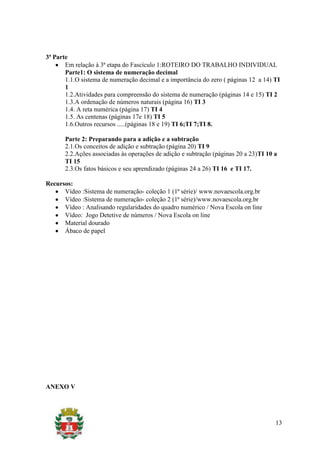 3ª Parte
       Em relação à 3ª etapa do Fascículo 1:ROTEIRO DO TRABALHO INDIVIDUAL
       Parte1: O sistema de numeração decimal
       1.1.O sistema de numeração decimal e a importância do zero ( páginas 12 a 14) TI
       1
       1.2.Atividades para compreensão do sistema de numeração (páginas 14 e 15) TI 2
       1.3.A ordenação de números naturais (página 16) TI 3
       1.4. A reta numérica (página 17) TI 4
       1.5. As centenas (páginas 17e 18) TI 5
       1.6.Outros recursos .....(páginas 18 e 19) TI 6;TI 7;TI 8.

       Parte 2: Preparando para a adição e a subtração
       2.1.Os conceitos de adição e subtração (página 20) TI 9
       2.2.Ações associadas às operações de adição e subtração (páginas 20 a 23)TI 10 a
       TI 15
       2.3.Os fatos básicos e seu aprendizado (páginas 24 a 26) TI 16 e TI 17.

Recursos:
      Vídeo :Sistema de numeração- coleção 1 (1ª série)/ www.novaescola.org.br
      Vídeo :Sistema de numeração- coleção 2 (1ª série)/www.novaescola.org.br
      Vídeo : Analisando regularidades do quadro numérico / Nova Escola on line
      Vídeo: Jogo Detetive de números / Nova Escola on line
      Material dourado
      Ábaco de papel




ANEXO V




                                                                                      13
 