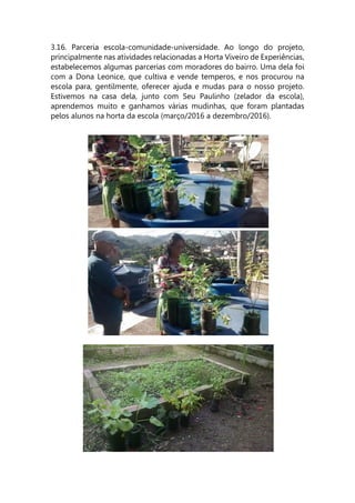 3.16. Parceria escola-comunidade-universidade. Ao longo do projeto,
principalmente nas atividades relacionadas a Horta Viveiro de Experiências,
estabelecemos algumas parcerias com moradores do bairro. Uma dela foi
com a Dona Leonice, que cultiva e vende temperos, e nos procurou na
escola para, gentilmente, oferecer ajuda e mudas para o nosso projeto.
Estivemos na casa dela, junto com Seu Paulinho (zelador da escola),
aprendemos muito e ganhamos várias mudinhas, que foram plantadas
pelos alunos na horta da escola (março/2016 a dezembro/2016).
 