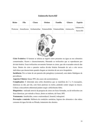 18
Iodamoeba buetschlii
Ciclo Evolutivo: O homem se infecta ao ingerir cistos presentes na água ou nos alimentos
contaminados. Ocorre o desencistamento, liberando os trofozoítos que se reproduzem por
divisão binária. Esses trofozoítos novamente formam os cistos, que são evacuados através das
fezes. Dentro do cisto o parasito realiza divisão binária formando de seis a oito novos
indivíduos que desencistam quando chegam ao intestino de um novo hospedeiro.
Incidência: Por se tratar de um parasita não patogênico (comensal), sem dados fidedignos de
prevalência.
Aspectos Clínicos: Quase 90% dos casos são assintomáticos.
Complicações: É detectada uma colite disentérica que se manifesta de 2 a 4 evacuações,
diarreicas ou não, por dia, com fezes pastosas ou moles, podendo conter sangue ou mucos.
Cólicas e desconforto abdominal podem surgir e dificilmente febre.
Diagnóstico: realizado através da pesquisa de cistos em fezes formadas, ou de trofozoítos em
fezes diarreicas, por método a fresco, direto ou indireto, de Faust, HPJ.
Tratamento: Amebicidas, como o metronidazol, furamid, iodoquinol.
Prevenção e controle: Melhoria de condições sanitárias; higiene dos alimentos e das mãos;
consumo de água fervida ou filtrada; tratamento dos doentes.
Reino Filo Classe Ordem Família Gênero Espécie
Protozoa Amoebozoa Archamoebae Entamoebida Entamoebidae Iodamoeba
Iodamoeba
buetschlii
 